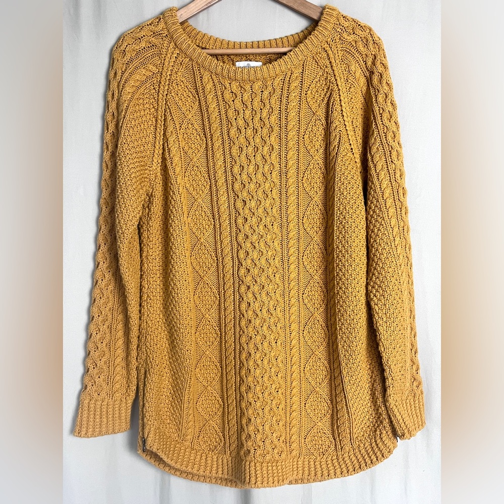 L.L.Bean 100% Cotton Fisherman Cable Knit Sweater Mustard L Tall Cottagecore